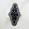 Sterling Silver Marcasite & Onyx Long Marquis Shape Cluster Ring