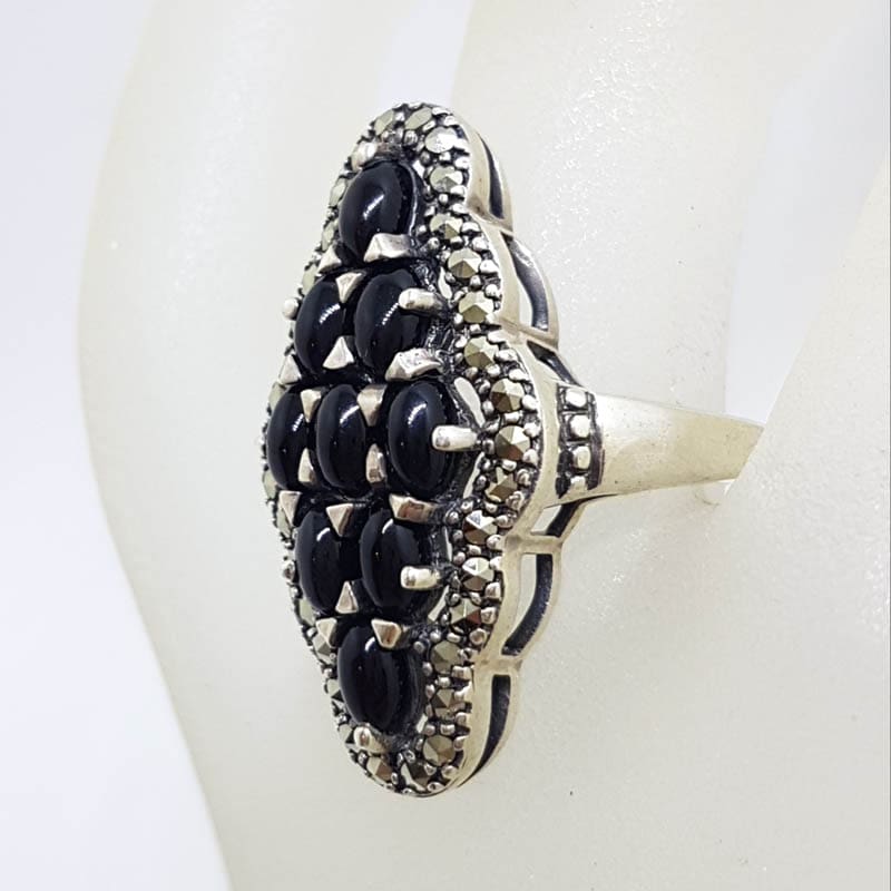 20210722_221207 Sterling Silver Marcasite & Onyx Long Marquis Shape Cluster Ring