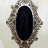Sterling Silver Marcasite & Onyx Very Big and Long Oval in Ornate Marquis Shape Ring - Stunning!