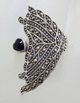Sterling Silver Marcasite & Onyx Long Heart / Leaf Ring