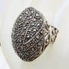 Sterling Silver Marcasite Very Large Ornate Oval Cluster with Filigree Sides Ring