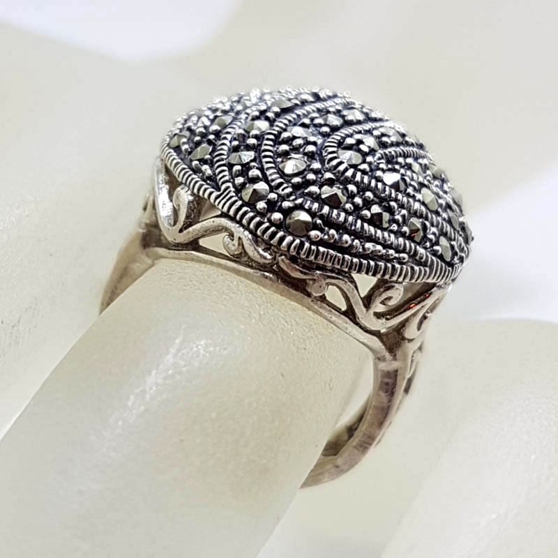 Sterling Silver Marcasite Very Large Ornate Oval Cluster with Filigree Sides Ring