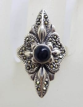 Sterling Silver Marcasite & Onyx Ornate Long Elongated Ring