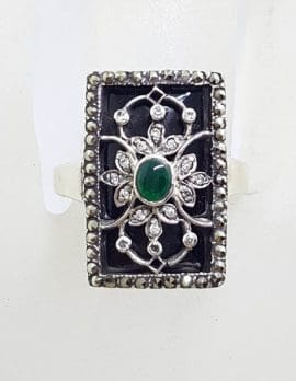 Sterling Silver Marcasite, Green Agate / Onyx & Black Onyx Ornate Filigree Ring - Art Deco Style