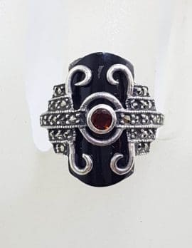 Sterling Silver Marcasite, Garnet & Onyx Ring - Art Deco Style