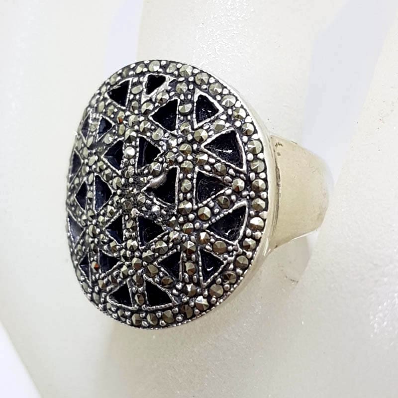 20210722_224642 Sterling Silver Marcasite & Onyx Large Ornate Round Ring