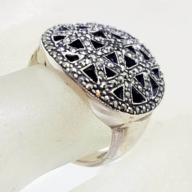 20210722_224659 Sterling Silver Marcasite & Onyx Large Ornate Round Ring