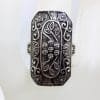 Sterling Silver Marcasite Long Rectangular Ornate Grey / Black Enamel Floral Design Ring