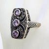 Sterling Silver Marcasite with Purple Enamel and Bezel Set Amethyst Rectangular Cluster Ring