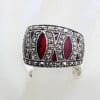 Sterling Silver Rich Red Enamel and Marcasite Wide Band Ring