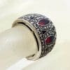 Sterling Silver Rich Red Enamel and Marcasite Wide Band Ring