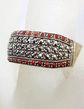 Sterling Silver Marcasite and Red Coral Wide Band Ring