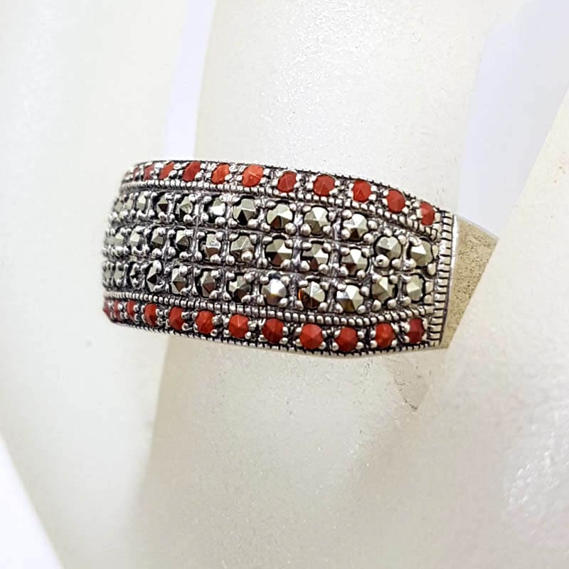 Sterling Silver Marcasite and Red Coral Wide Band Ring