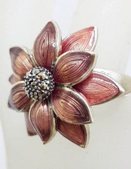 Sterling Silver Pink Enamel and Marcasite Large Flower Ring