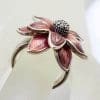 Sterling Silver Pink Enamel and Marcasite Large Flower Ring