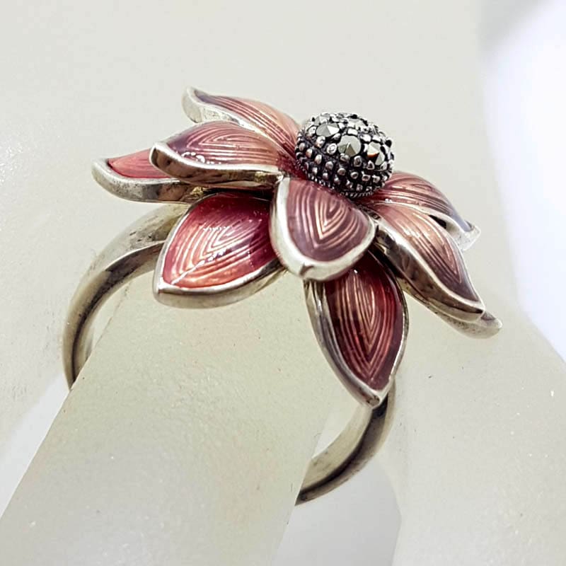 20210722_225118 Sterling Silver Pink Enamel and Marcasite Large Flower Ring