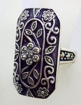 Sterling Silver Marcasite Long Rectangular Ornate Dark Purple Enamel Ring
