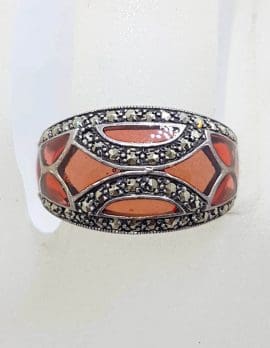 Sterling Silver Red Enamel and Marcasite Ring