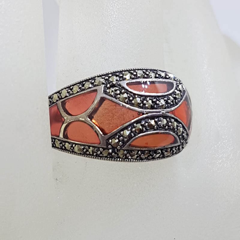 Sterling Silver Red Enamel and Marcasite Ring