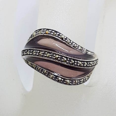 Sterling Silver Purple Enamel and Marcasite Wave Design Ring