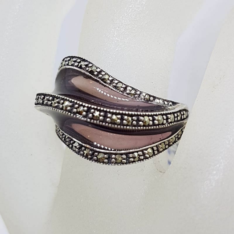 Sterling Silver Purple Enamel and Marcasite Wave Design Ring
