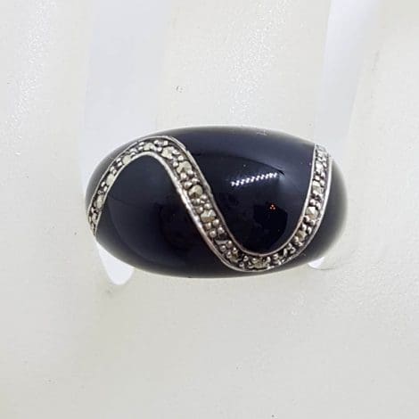 Sterling Silver Marcasite and Black Enamel Wise Band Ring with Wave Design