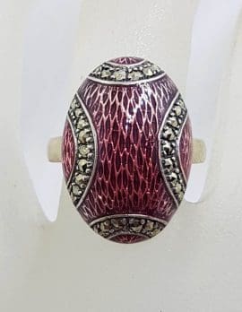 Sterling Silver Marcasite and Pink Enamel Oval Ring