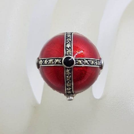 Sterling Silver Marcasite and Vibrant Red Enamel Exquisite Design Poison Ring / Pillbox Ring - Cross Motif with Garnets