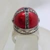 Sterling Silver Marcasite and Vibrant Red Enamel Exquisite Design Poison Ring / Pillbox Ring - Cross Motif with Garnets