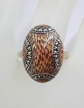 Sterling Silver Marcasite and Light Pink Enamel Oval Ring