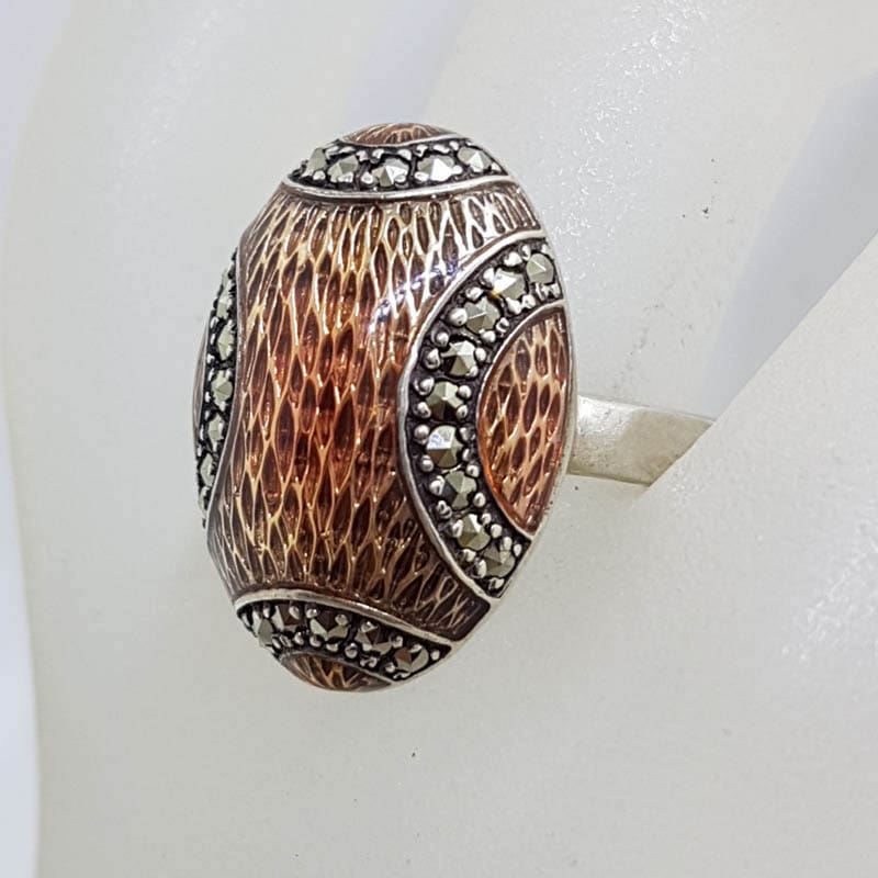 Sterling Silver Marcasite and Light Pink Enamel Oval Ring