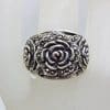 Sterling Silver Marcasite Wide Heavy Rose Flower Band Ring