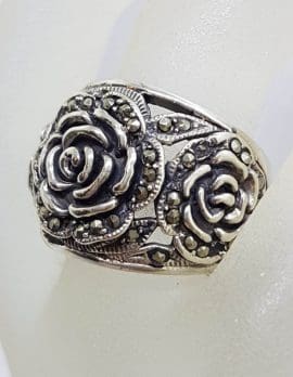 Sterling Silver Marcasite Wide Heavy Rose Flower Band Ring