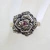 Sterling Silver Marcasite with Natural Ruby Rose Flower Ring