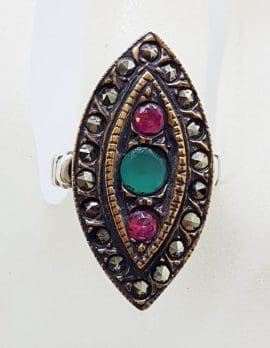Sterling Silver Red with Green and Marcasite Canoe / Marquis Shape Ring
