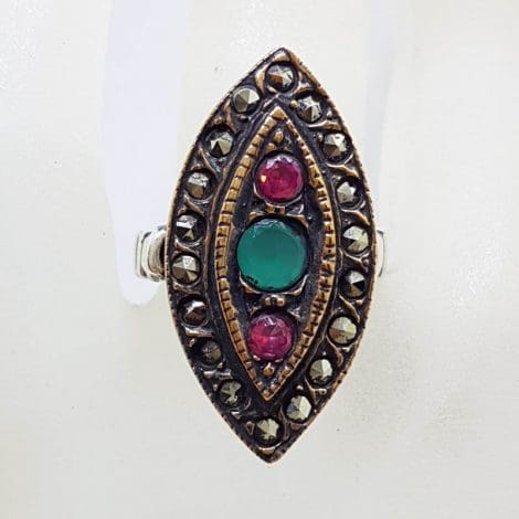 Sterling Silver Red with Green and Marcasite Canoe / Marquis Shape Ring