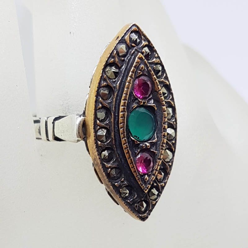 Sterling Silver Red with Green and Marcasite Canoe / Marquis Shape Ring