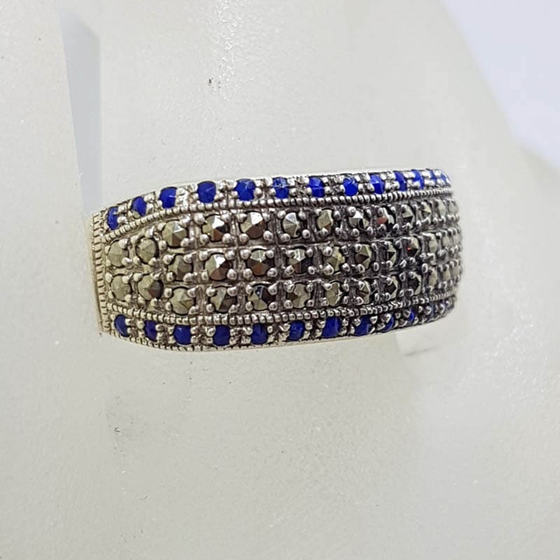 20210722_230852 Sterling Silver Marcasite Lapis Lazuli Wide Band Ring