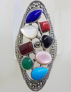 Sterling Silver Large Multi-Colour Gemstone Elongated Oval Marcasite Ring