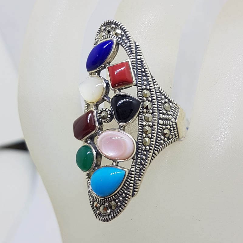 20210722_230923 Sterling Silver Large Multi-Colour Gemstone Elongated Oval Marcasite Ring