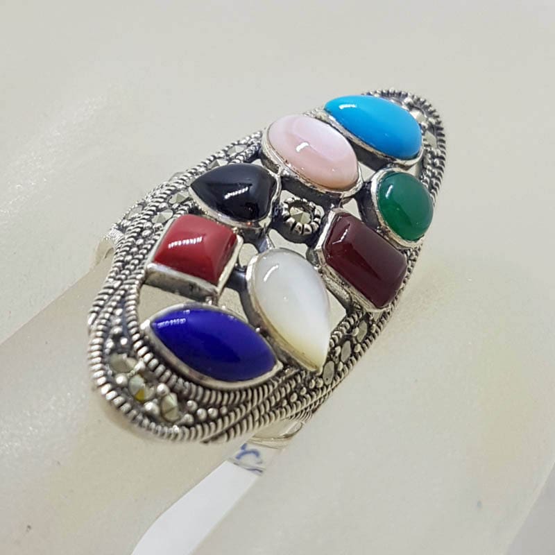 20210722_230947 Sterling Silver Large Multi-Colour Gemstone Elongated Oval Marcasite Ring