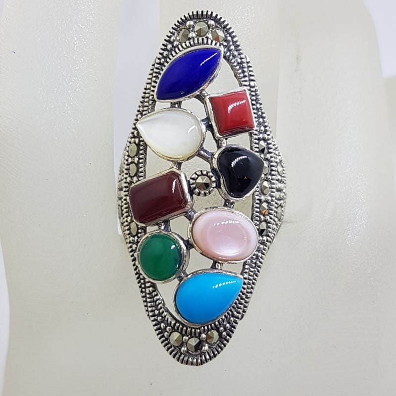 20210722_231020 Sterling Silver Large Multi-Colour Gemstone Elongated Oval Marcasite Ring