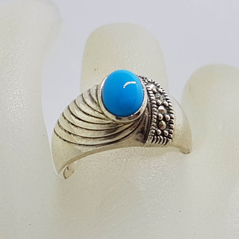 Sterling Silver Marcasite Blue Recon. Turquoise Wide Ring