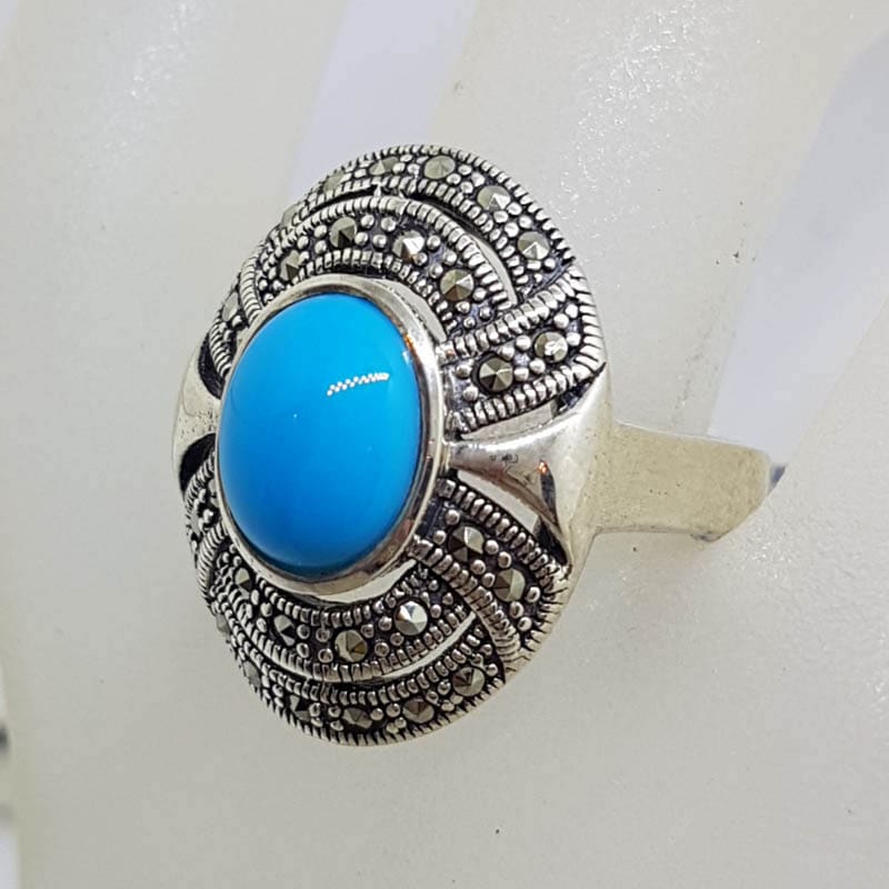 20210722_231146 Sterling Silver Marcasite Blue Recon. Turquoise Large Oval Ring