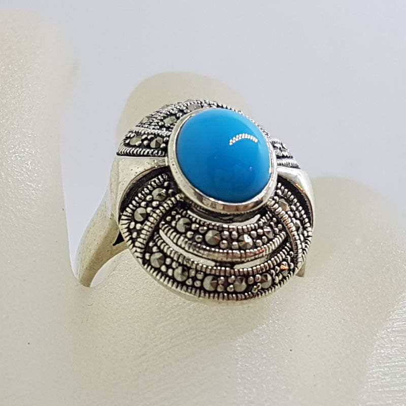 20210722_231204 Sterling Silver Marcasite Blue Recon. Turquoise Large Oval Ring