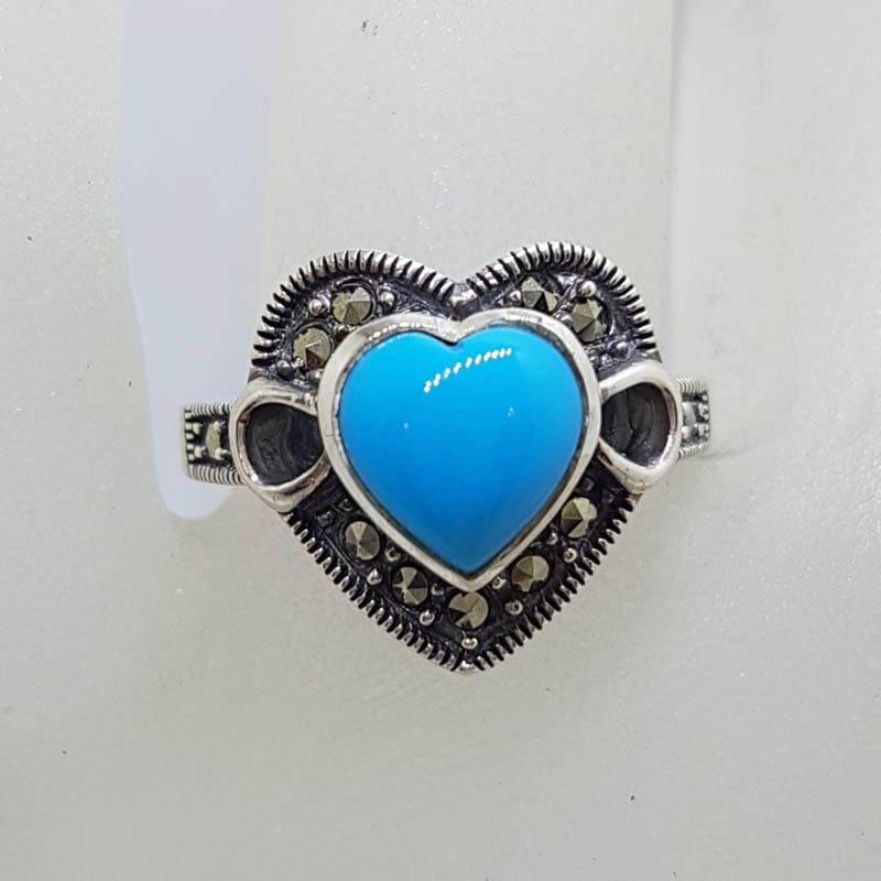 20210722_231502 Sterling Silver Marcasite Blue Recon. Turquoise Heart Ring