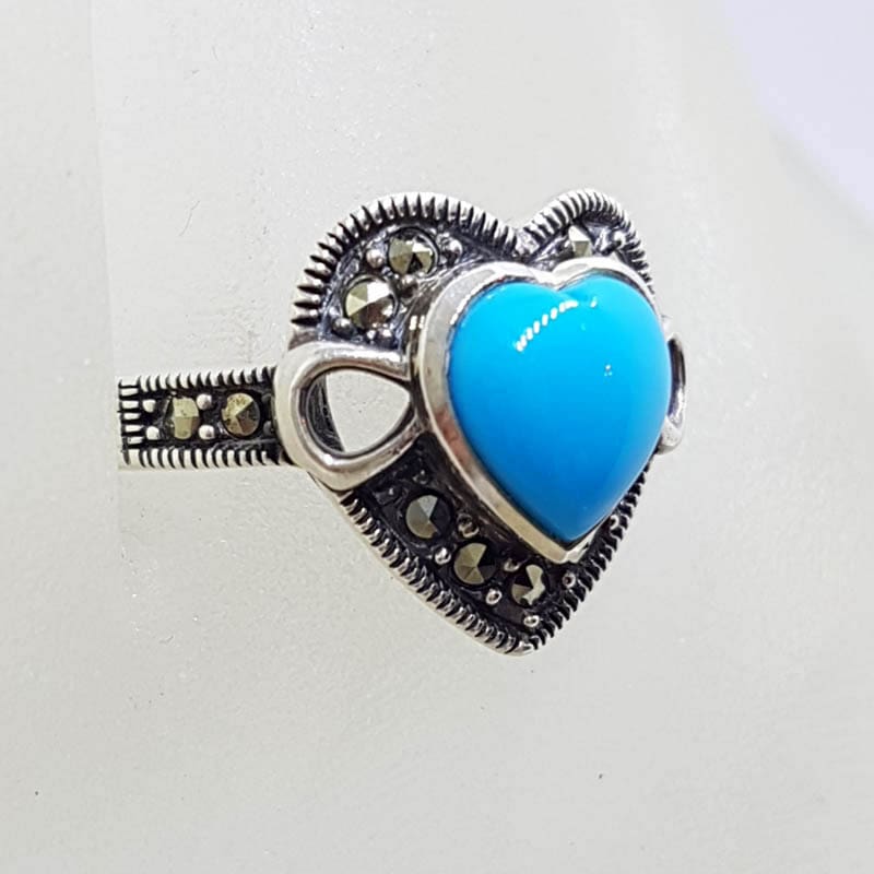 20210722_231551 Sterling Silver Marcasite Blue Recon. Turquoise Heart Ring