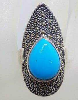 Sterling Silver Marcasite Long Teardrop / Pear Shape Blue Recon. Turquoise Ring
