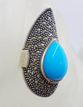 Sterling Silver Marcasite Long Teardrop / Pear Shape Blue Recon. Turquoise Ring