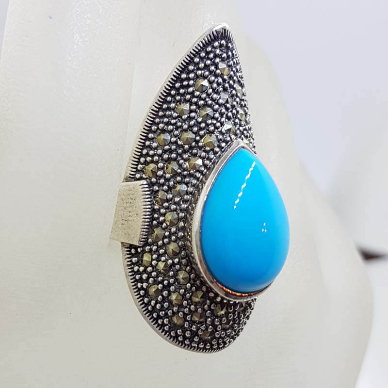 Sterling Silver Marcasite Long Teardrop / Pear Shape Blue Recon. Turquoise Ring